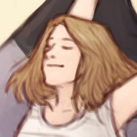 self portrait, eyes closed, serene smile. ace flag in bg